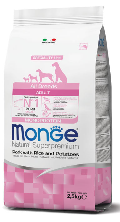 Monge Natural Superpremium - Crocchette per cani adulti di tutte le taglie - Maiale con Riso e Patate - 2,5kg